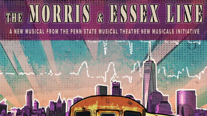 "The Morris & Essex Line" musical graphic with wording overlaid on an illustrated train on tracks leading toward a city skyline