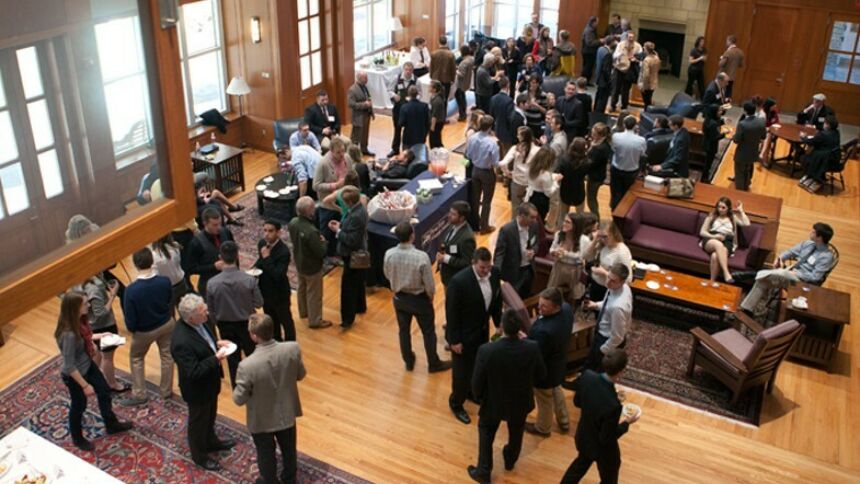 Overhead view of alumni association reception at the Hintz Alumni Center on the Penn State university Park campus