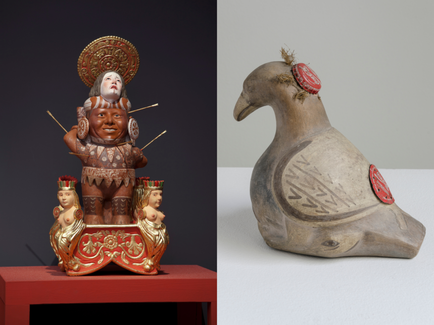 Split-screen image. On the left is a brown and red sculpture of clay, underglazes, gold leaf, and wood. On the right is a sculpture of a ceramic bird decorated with a red Coca Cola bottle cap.