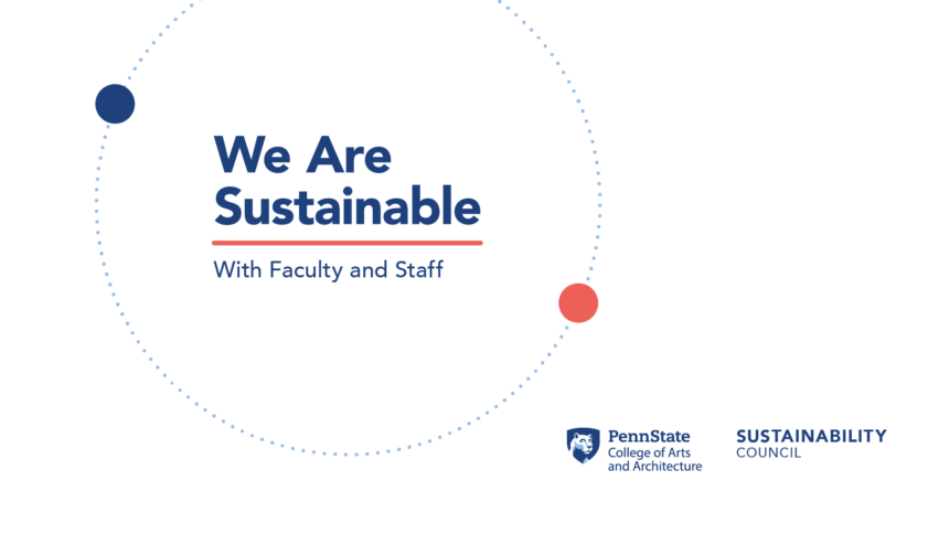 White background with navy blue We Are Sustainable with Faculty and Staff text