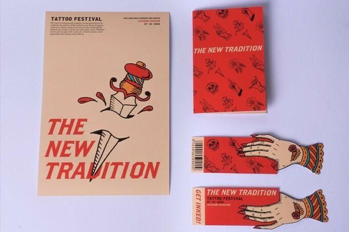 A poster, tickets, and book design for The New Tradition.