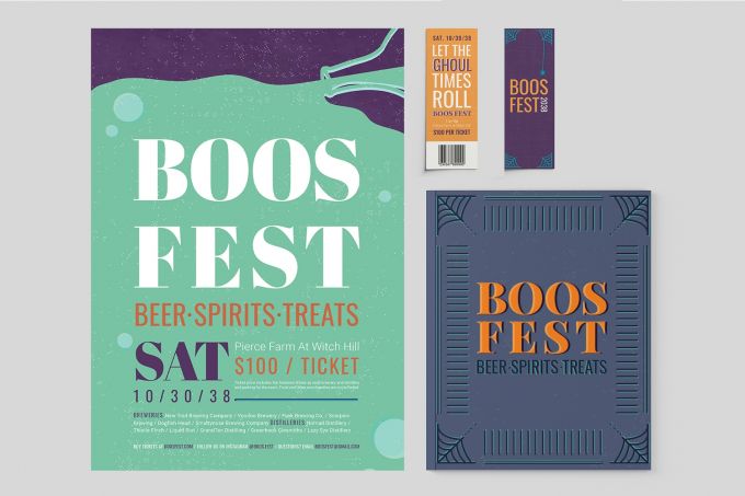 A poster, tickets and program design for Boos Fest.