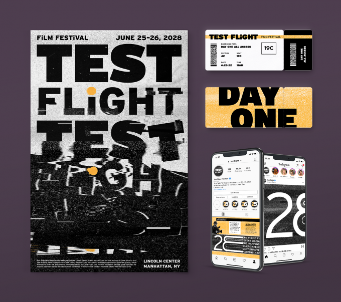 A poster, tickets, and social media design for Test Flight Film Festival.