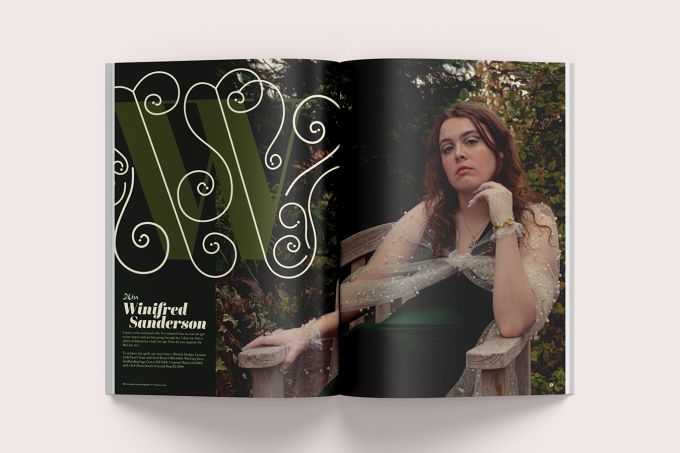 An inside spread of Bewitched Magazine with an elegantly dressed woman on the right and decorative text on the left.