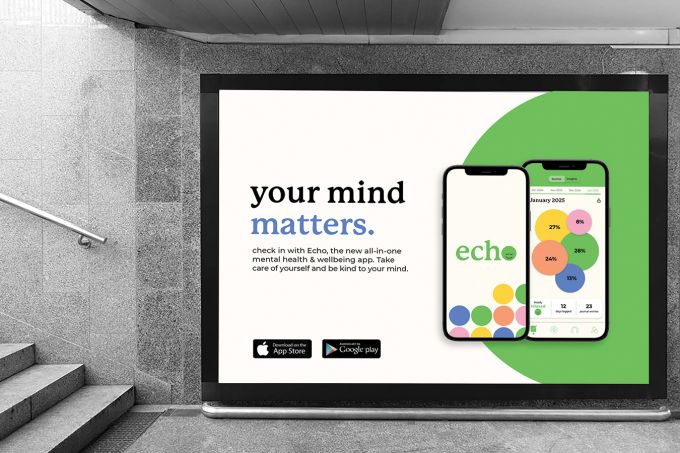 A digital bilboard in near a subway entrance or exit for Echo, a health and wellness app.