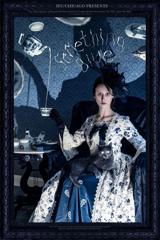 A poster for Something Blue with a woman in old fashioned dress holding an umbrella.