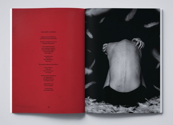 An inside spread of The Well magazine with a red page at the left with black text and the bare back of a woman sitting on a bed on the right.