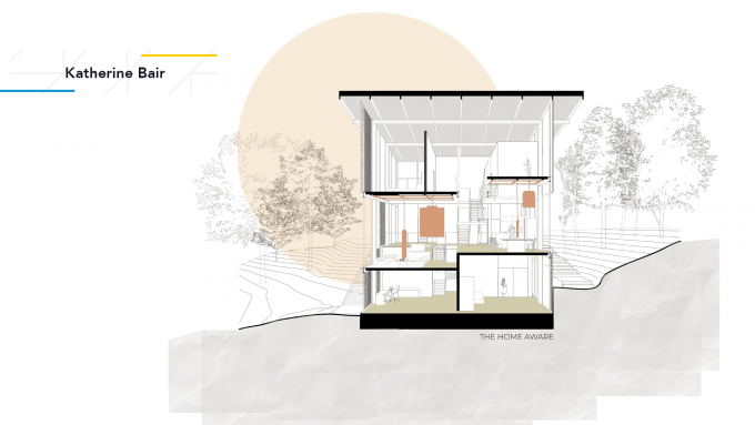 An architectural rendering of the cross-section of a home on an incline.