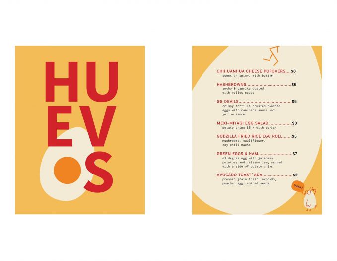 The front and back of a menu for a restaurant called Huevos.