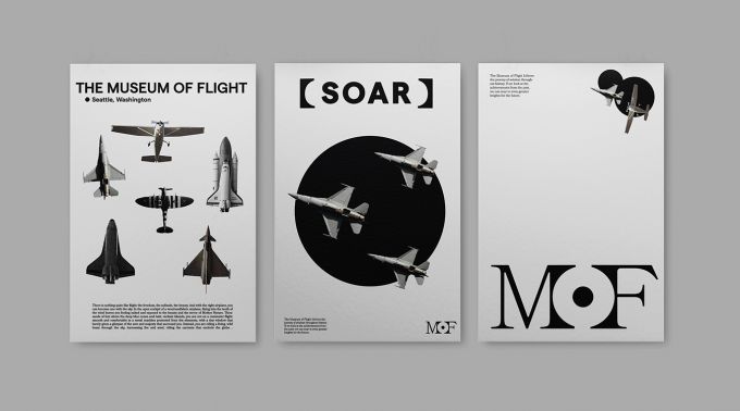 Three black and white posters for the Museum of Flight.