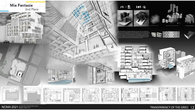 The exterior, floorplans, schematic, and cross section of a proposed building.