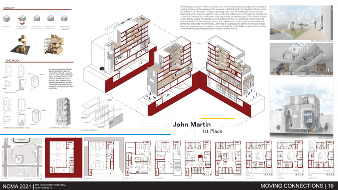 The schematics, cross-section, floorplans, and images of a building.