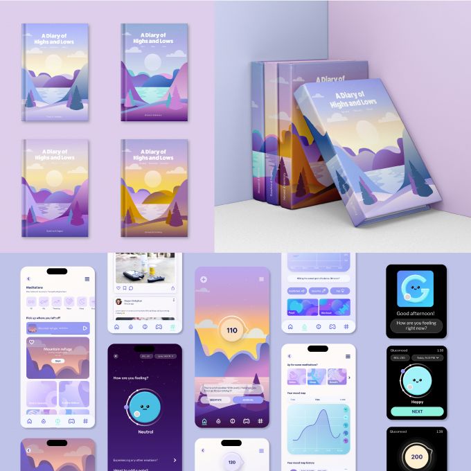 Several screenshots from an app titled Gluco Mood