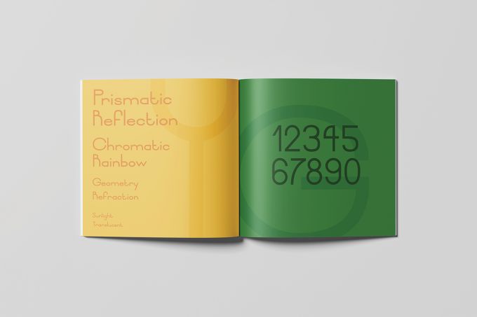 An inside spread of the Prism Typeface and Type Specimen brand book with Reflection at left and numbers on the right both in the Prism font.