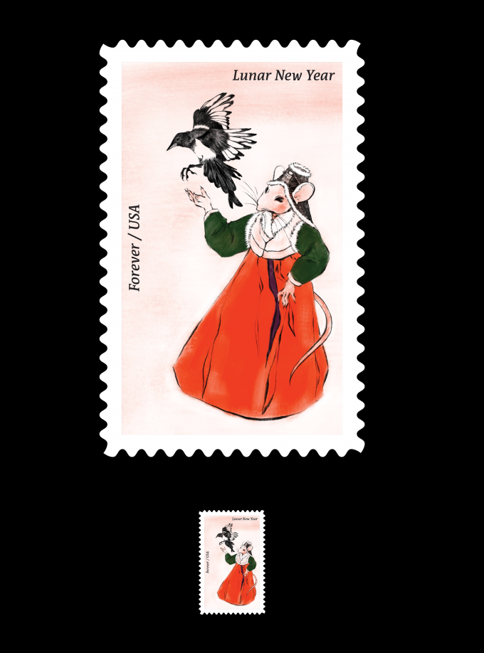 A postage stamp design with a mouse standing on 2 legs in a red and black dress holding flowers.