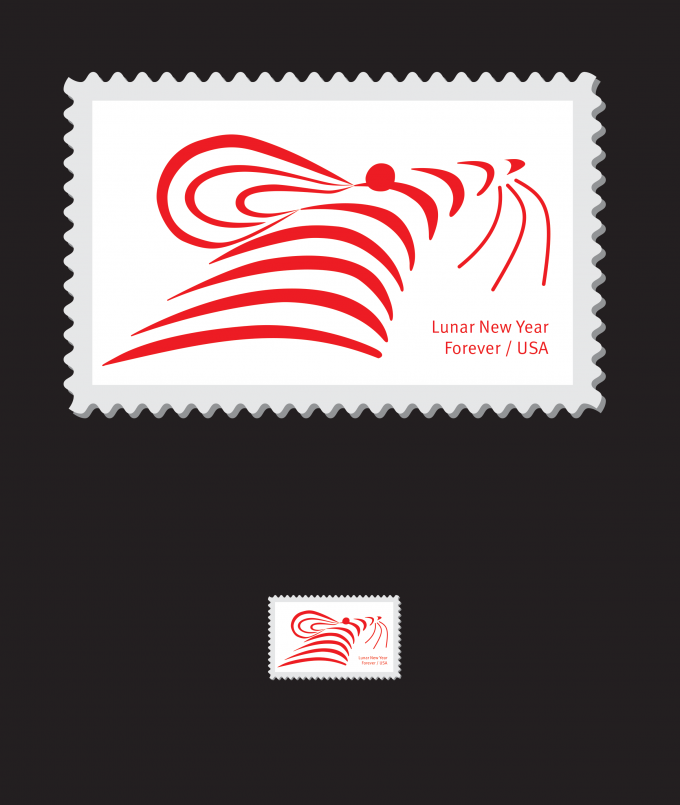 A postage stamp design with the head of a mouse in red and white.