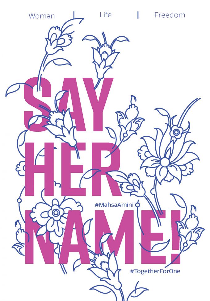 A poster featuring the words Say Her Name in all capital magenta colored letters with the outlines of decorative flowers interspersed among the letters.