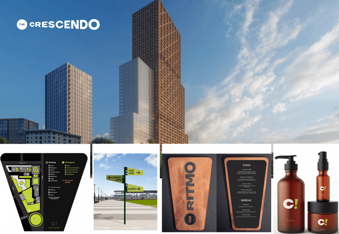 Building, wayfinding, menu, and toiletries designs for Crescendo.