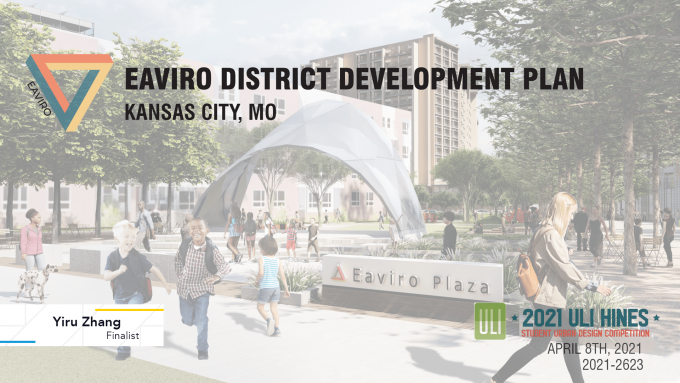 A rendering of a landscape design on the cover of a development plan for Eaviro District in Kansas City, MO.