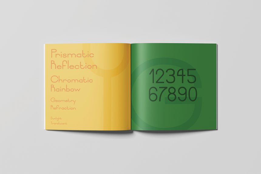 An inside spread of the Prism Typeface and Type Specimen brand book with Reflection at left and numbers on the right both in the Prism font.