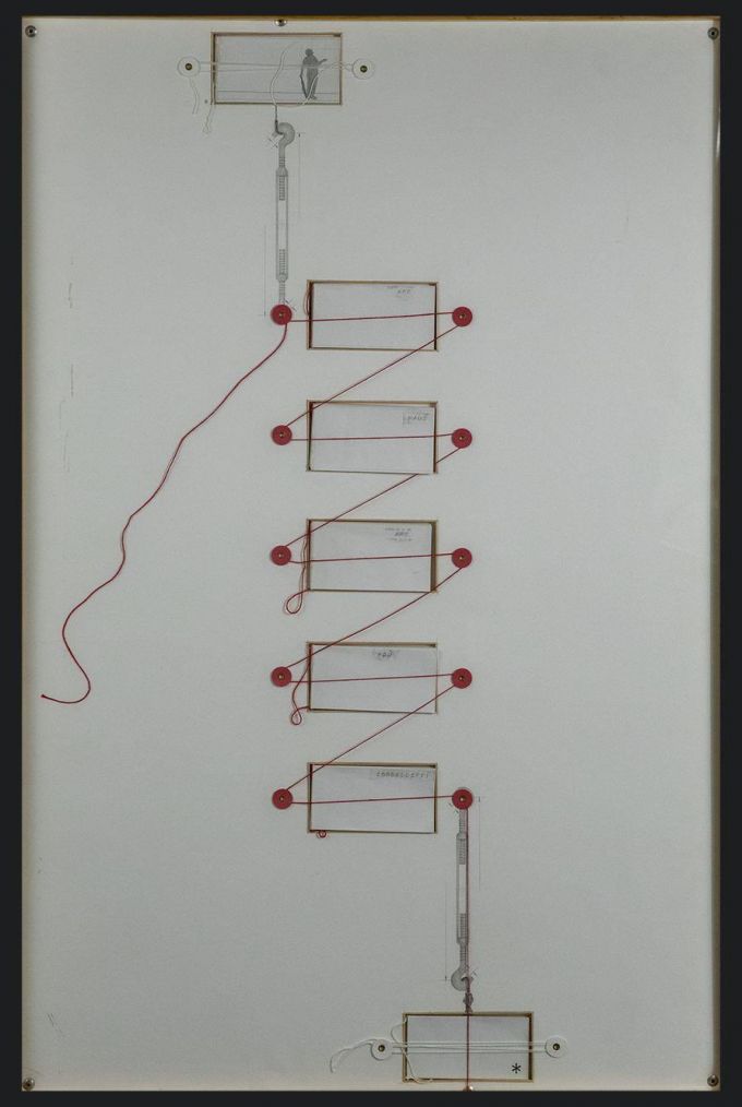 An architectural rendering of a building using pencil and string.