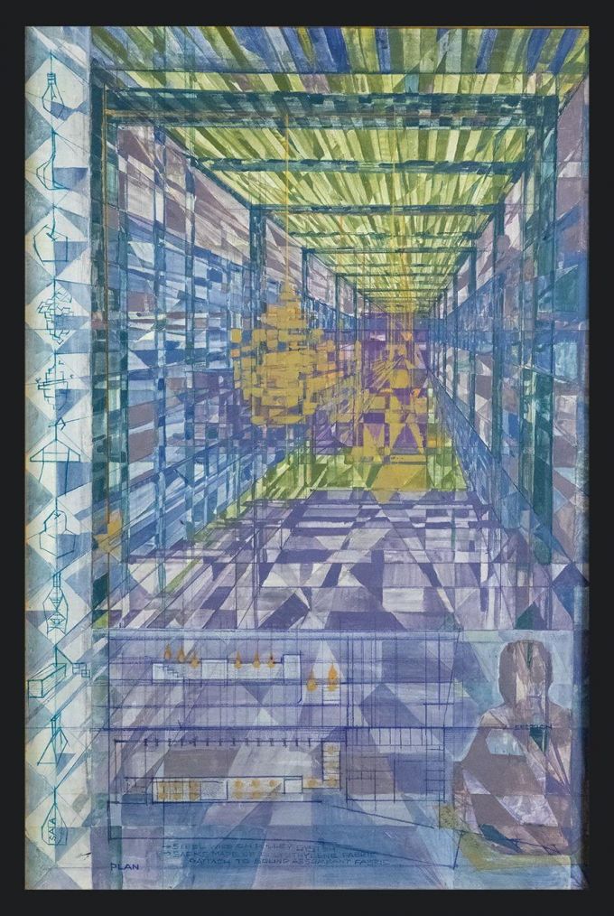 A colorful hand-drawn rendering of the inside of a building.