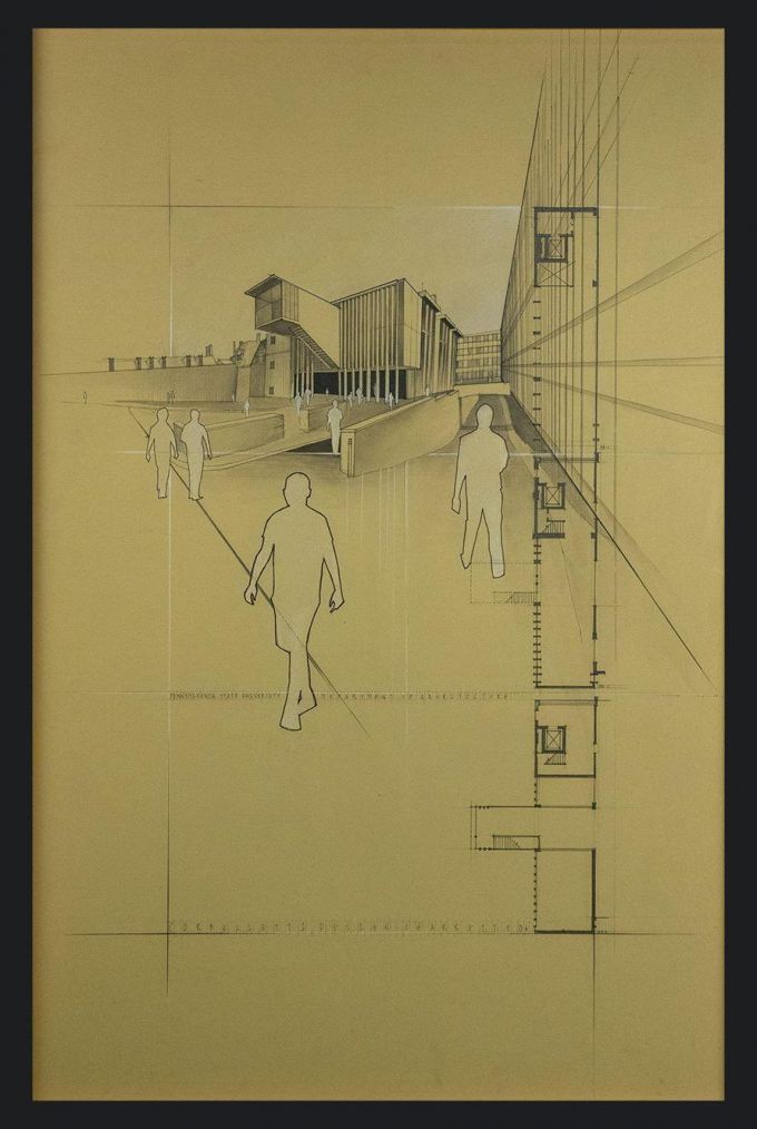 A hand-drawn rendering of a building with two people drawn entering the structure.