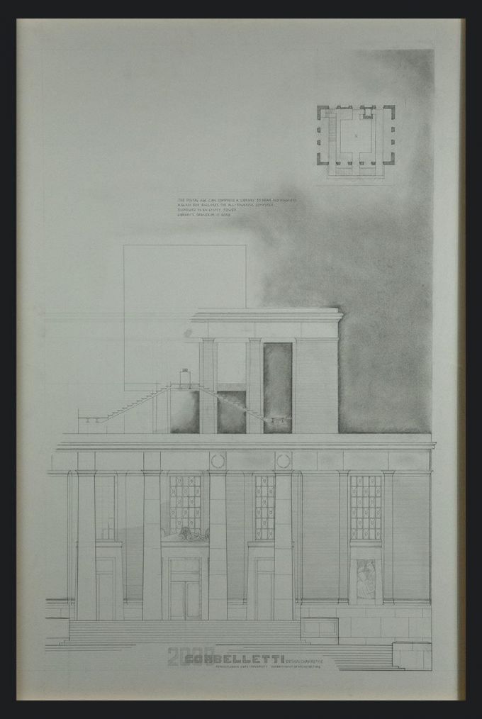 A hand-drawn rendering of a building drawn in pencil.