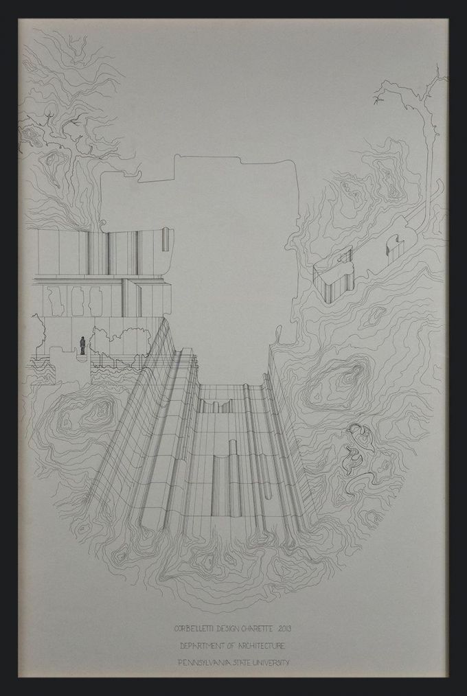 A hand-drawn rendering of a building and surrounding landscape in pencil