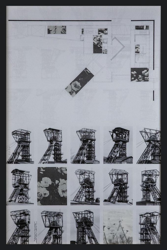 Fifteen small renderings of an architectural structure with the floorplan above them.