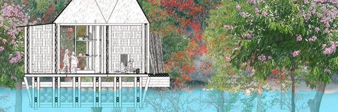 A colorful rendering showing a house built on stilts atop a flooded plain.