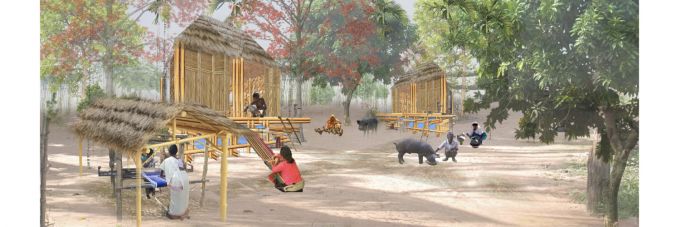 A colorful rendering of housing structures on floodplains during the dry season.