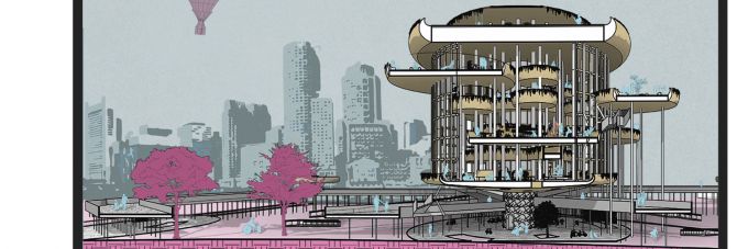 Architectural rendering of a building against a colorful backdrop of the city of Boston.
