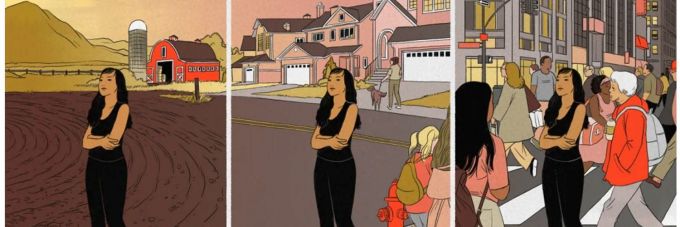 Three cartoon-like images of a woman standing in a farm field at left, in front of a surburban house in the middle, and in front of a building among people in a city setting.