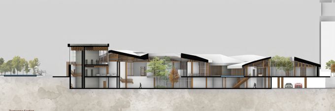 An architectural rendering of a cross-section of a house.