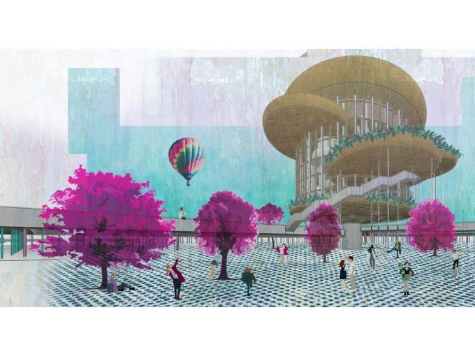 A colorful architectural rendering of a proposed installation in Boston.