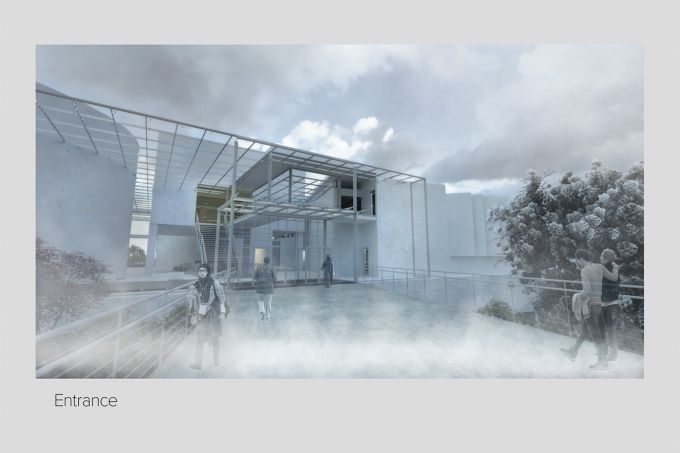 An architectural rendering of the outside of a building shrouded in fog.