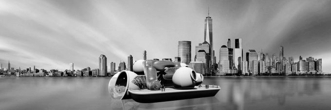 A black and white rendering of a floating structure on a body of water with a city skyline in the background.