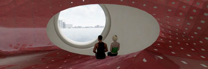 A view from the inside of a floating structure as two people look out of a circular window that shows a city skyline.