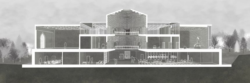 An architectural rendering of a cross-section of a building.