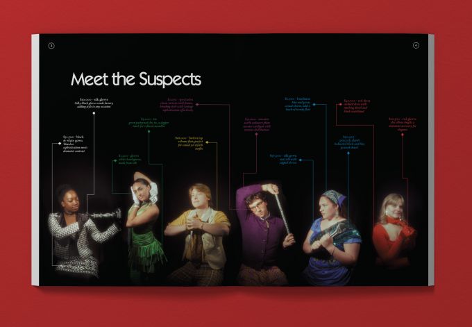 An inside spread titled "Meet the Suspects" within the Whodunnit? Fashion magazine.