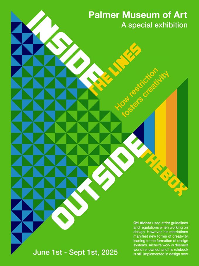A poster for an art exhibition titled "Inside the Lines, Outside the Box"