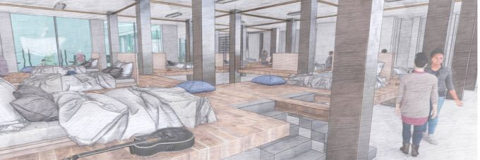 A colorful rendering of a sleeping and living area in a community center for the homeless