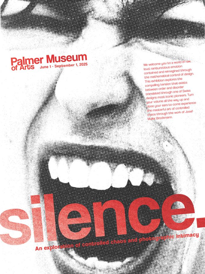 A poster for an exhibition at Palmer Museum titled "Silence"