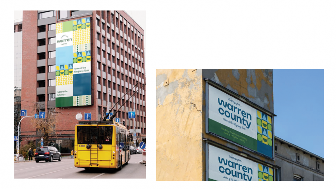 Two photographs of billboards on buildings promoting Warren County, PA.