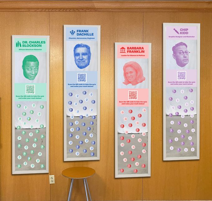 Four posters hang in a library with a different Penn State alum on each.