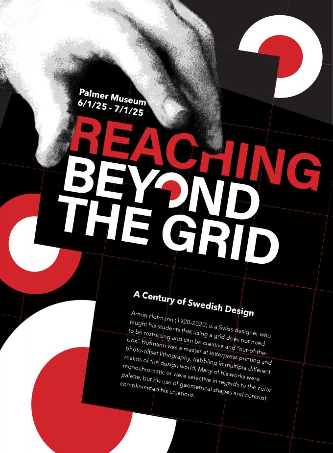 A poster for an exhibition titled "Reaching Beyond the Grid" at the Palmer Museum.