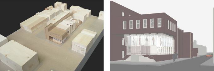 A split-screen image of a building site from above at left and an architectural rendering of a brick building at right.