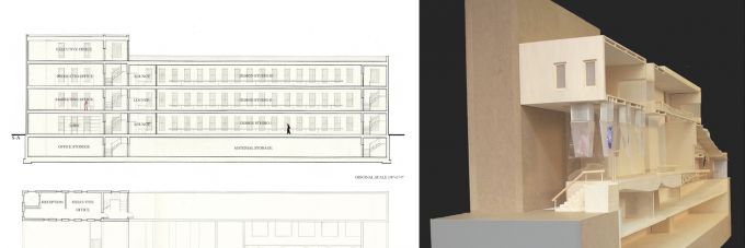 A split-screen image of a schematic of building at left and a wooden model of a building at right.