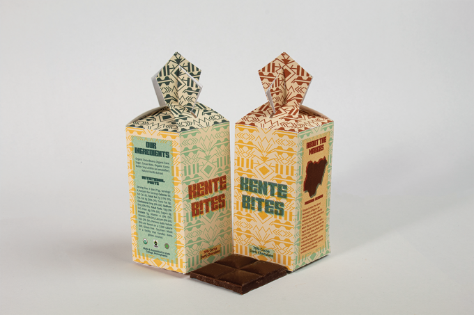 Two views of the packaging design for Kente chocolates.